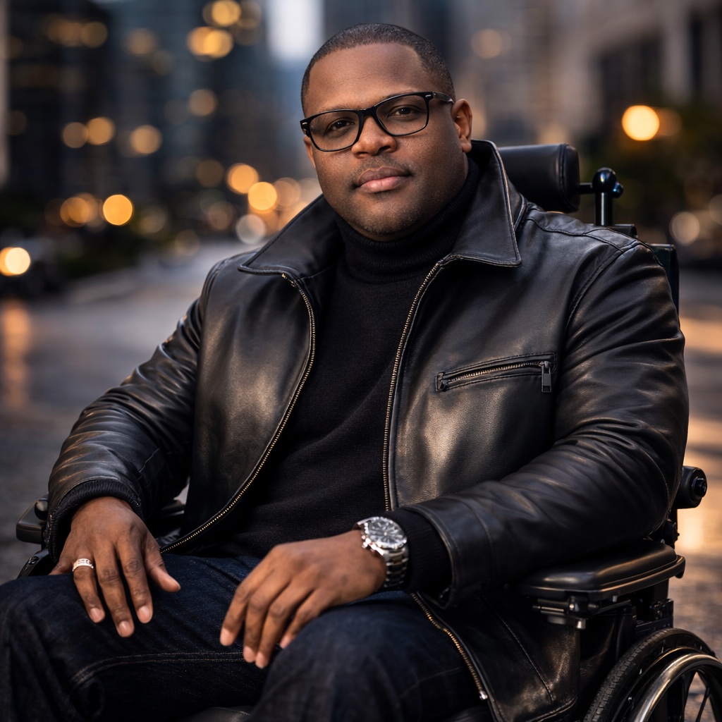 A.M. Williams seated in his wheelchair, wearing glasses and a black leather jacket